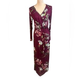 Pokwai NWT Women’s Burgundy Floral Maxi Long Sleeve Faux Wrap with Belt Large